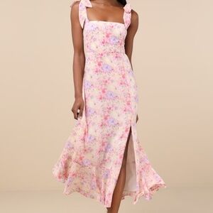 Lulus Summer Invite Pink Multi Floral Tie-strap Tiered Midi Dress - Size L